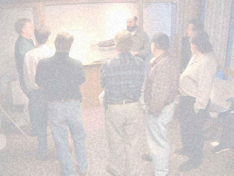 faded painting of people standing watching a presentation
